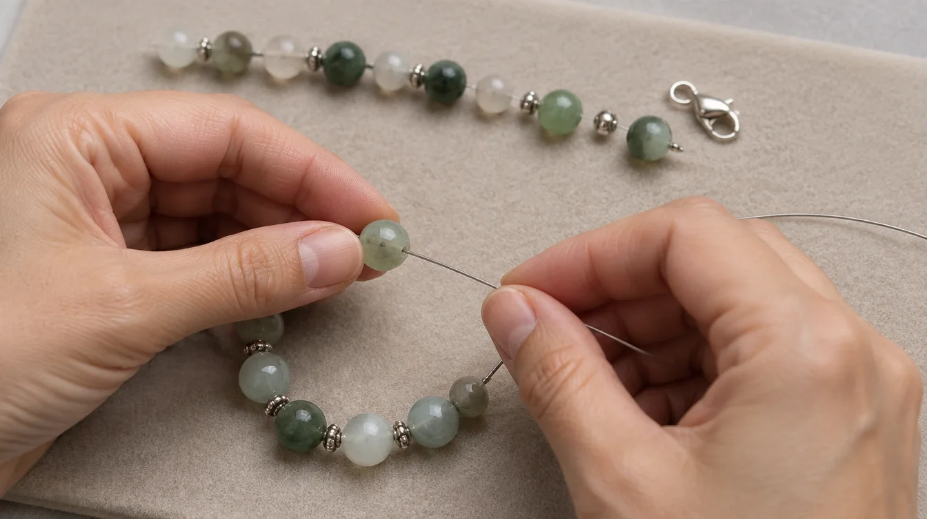 Hands threading a gemstone bead onto flexible beading wire beside the remaining beads and a loose clasp.