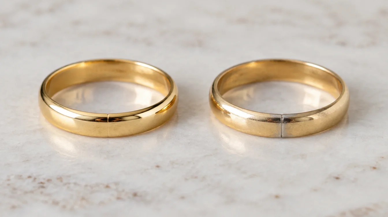 Two gold ring samples side by side: one with well-matched solder seam, one with noticeably darker discolored joint