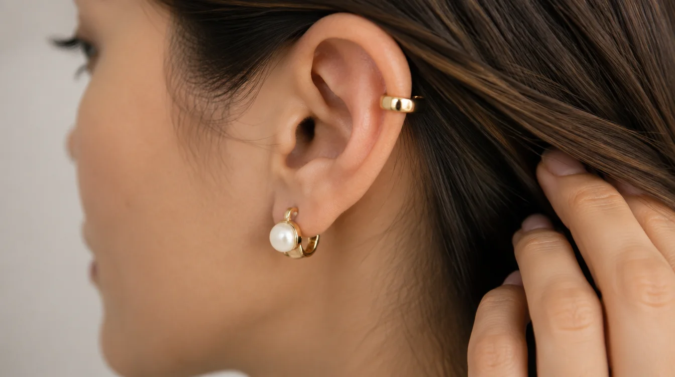 A hinged clip sits on an unpierced lobe while an ear cuff wraps around the outer rim