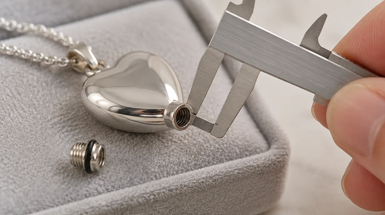 Jeweler measuring the small access opening of an empty heart urn pendant