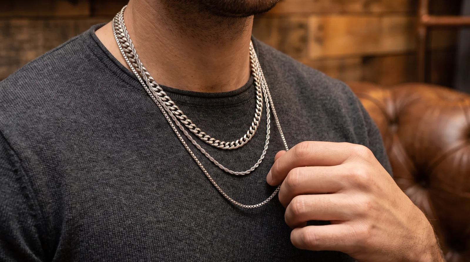 Man wearing layered silver chain necklaces of varying lengths, a styling example from this men's silver chain necklace guide