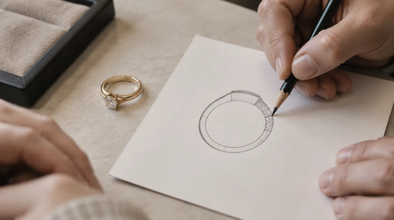 Jeweler drawing a proposed inscription area on a ring outline while leaving the base clear