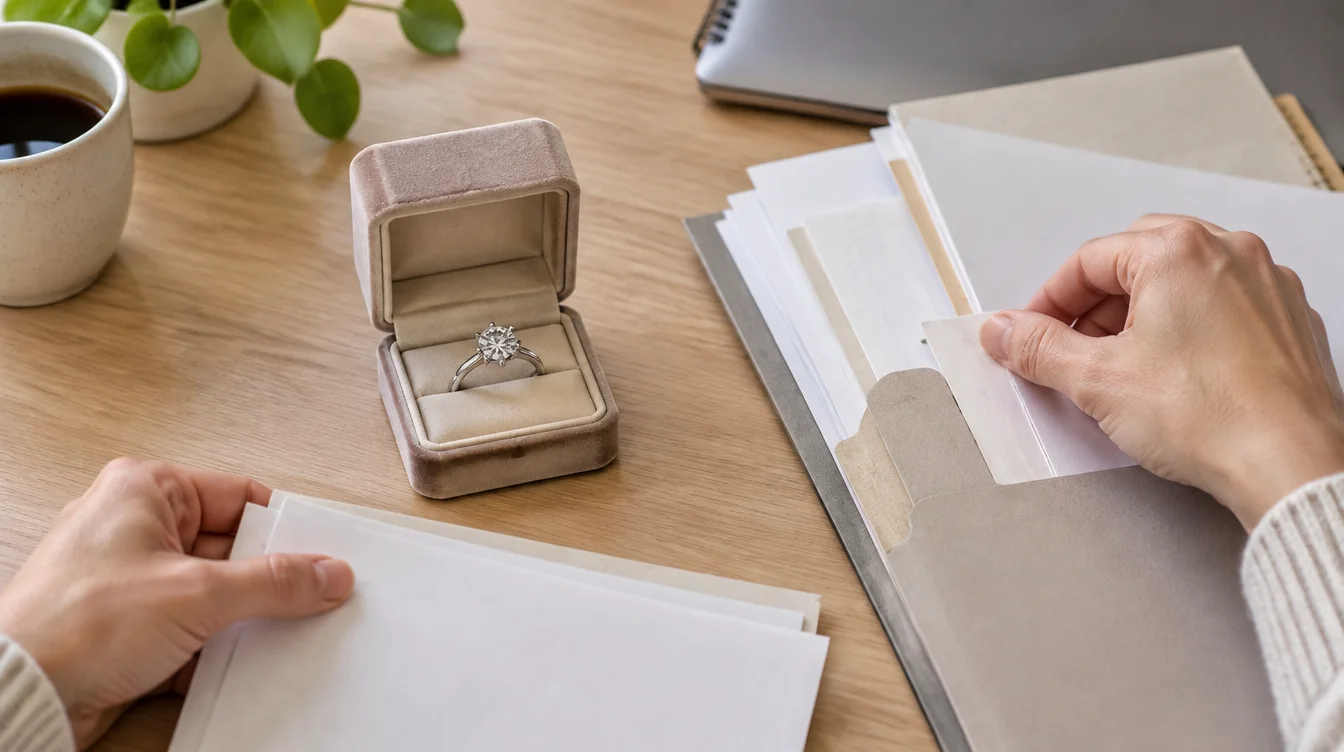 Owner gathering paperwork beside an intact diamond ring in an open box