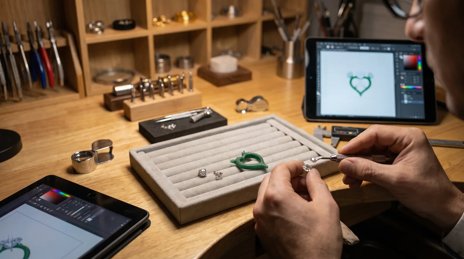 Jeweler examining diamond under magnification to assess cut, color, and clarity