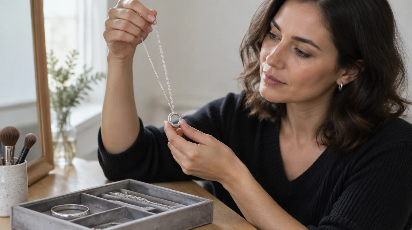 An adult examines a silver necklace above an open jewelry tray.