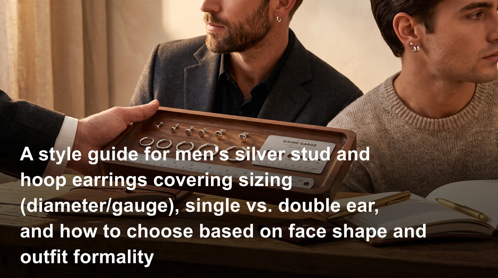 Men's silver earrings guide showing stud diameters, gauges, and hoop sizes for choosing the right fit