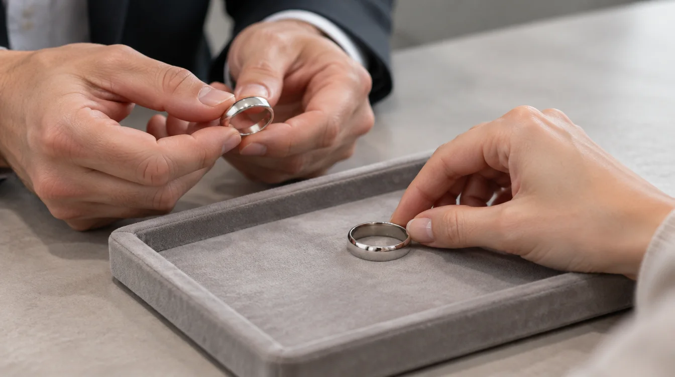A jeweler and shopper examine two platinum wedding bands at a counter.