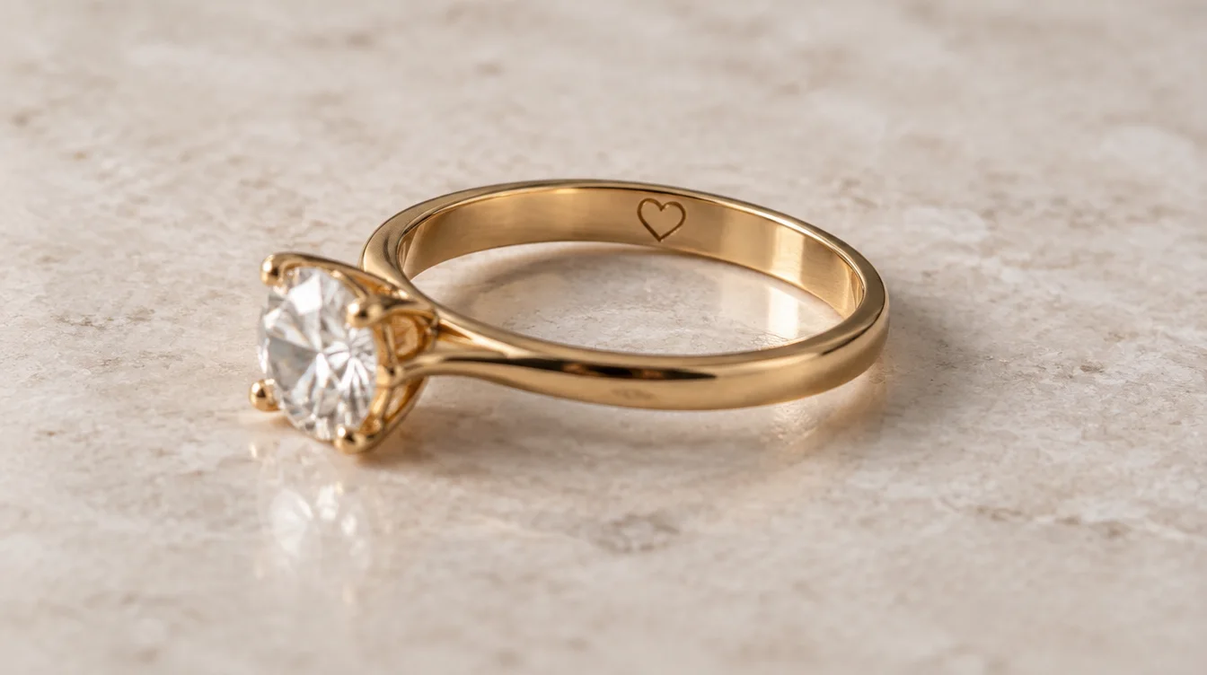 Gold engagement ring resting on its side with a small heart engraved inside the band