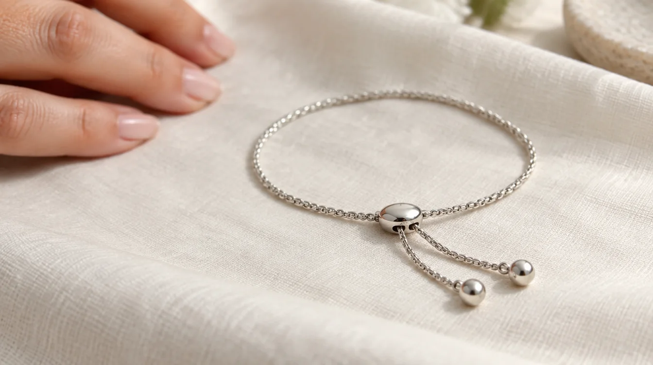 Adjustable bolo bracelet on a soft cloth with its oval slide and two chain end stops visible.
