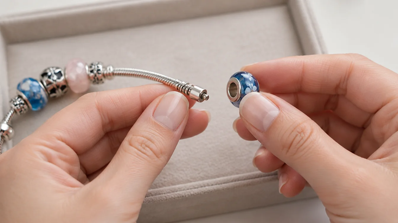 Hands hold a bead opening beside an open bracelet carrier end before attempting to slide it on.