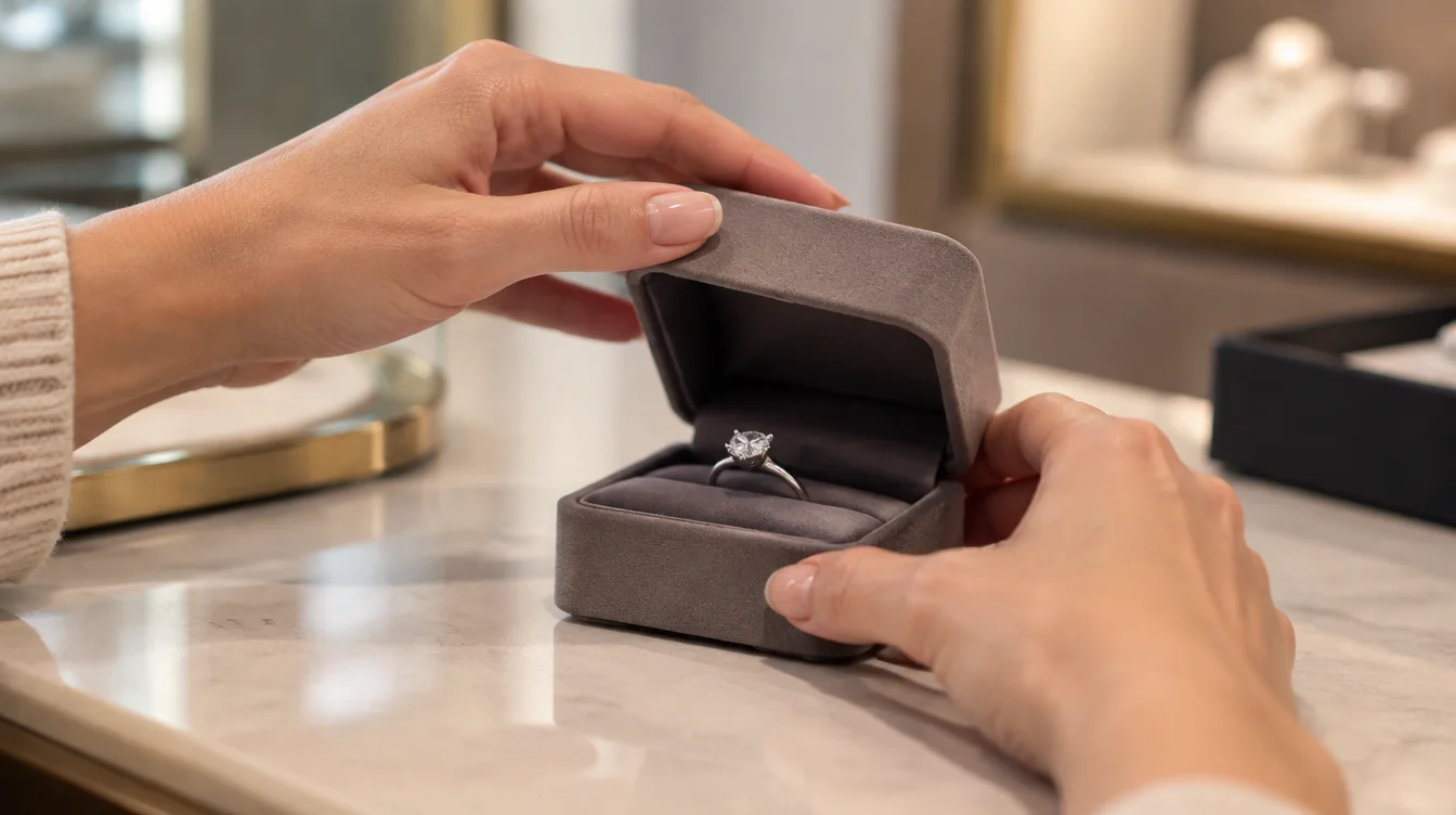 Owner putting a diamond ring back in its box after considering sale options