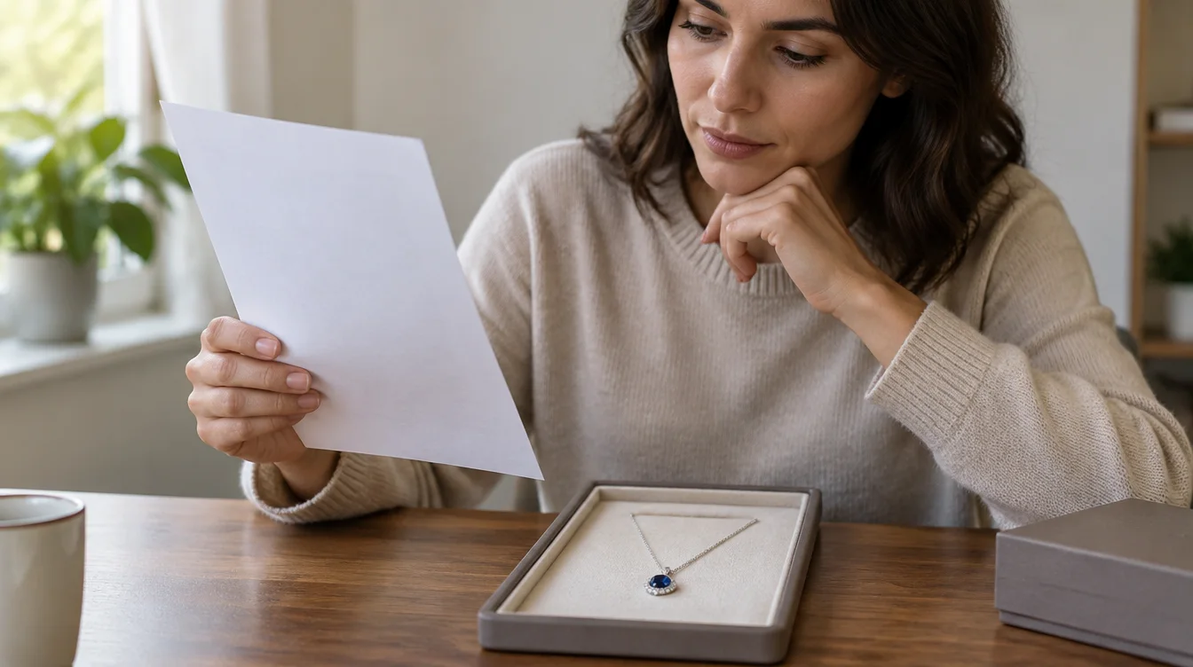 Shopper comparing a pendant necklace with paperwork held with its blank reverse facing the camera