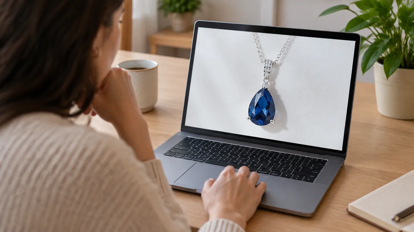 Shopper studying a blue stone necklace photograph on a laptop before buying