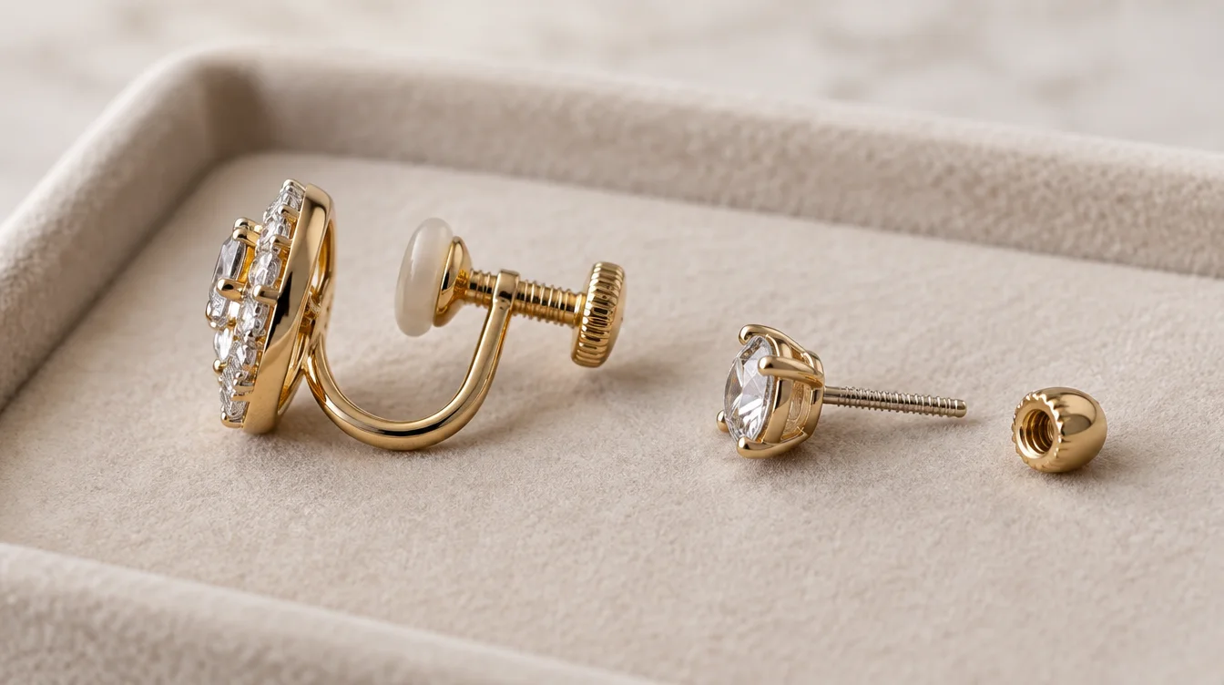 A nonpiercing screw clamp beside a pierced stud with a threaded post and separate screw back