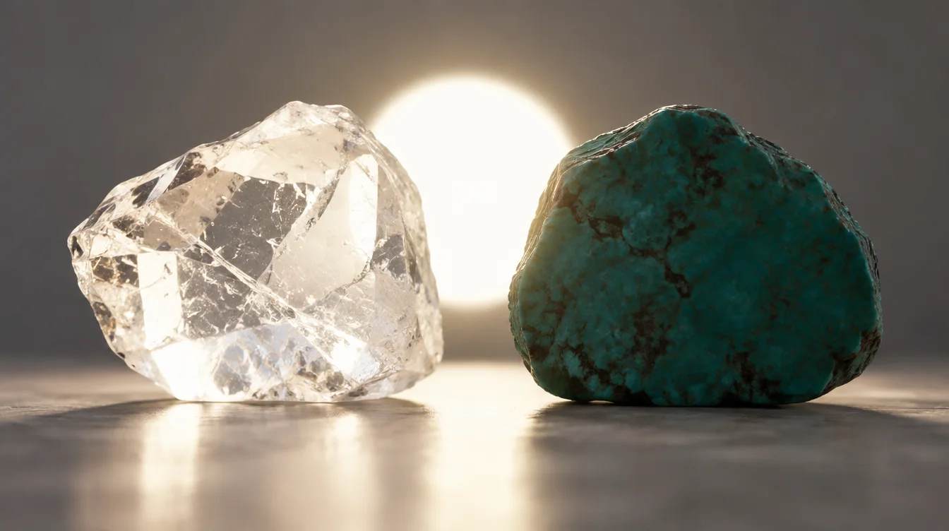 Backlit transparent and opaque gemstones showing light passing through one and stopping at the other