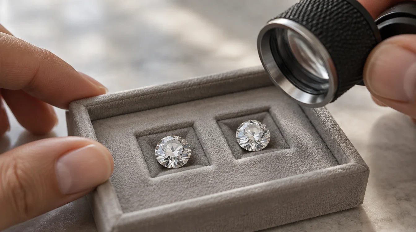 Two similar size round diamonds viewed together in soft light, with a jeweler’s loupe nearby.
