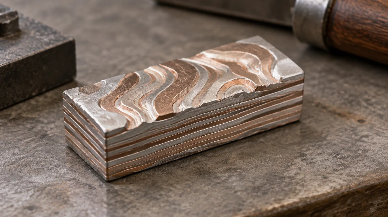 Illustration of a layered mokume billet with shallow carving that reveals the underlying metal layers.