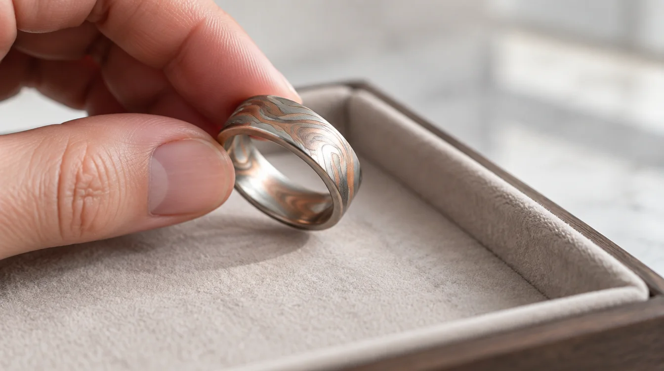 Jeweler holding a mokume gane band to show its outer pattern, edge, and inner surface.