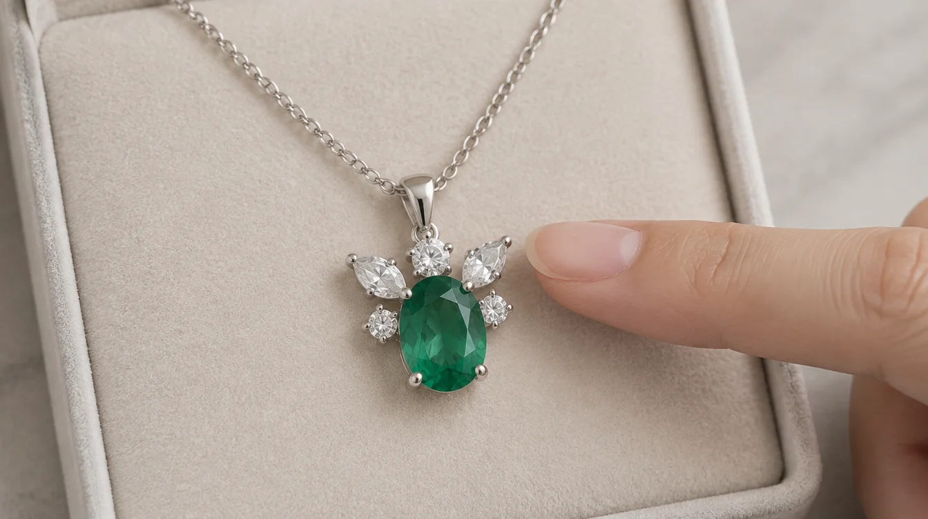Finger pointing beside the clear accent stones around a green pendant stone