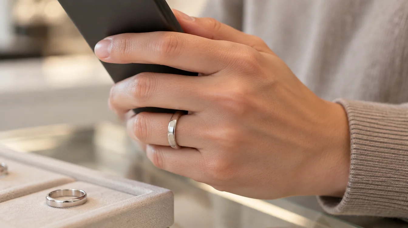 A shopper checks how a plain wedding band feels while holding a phone