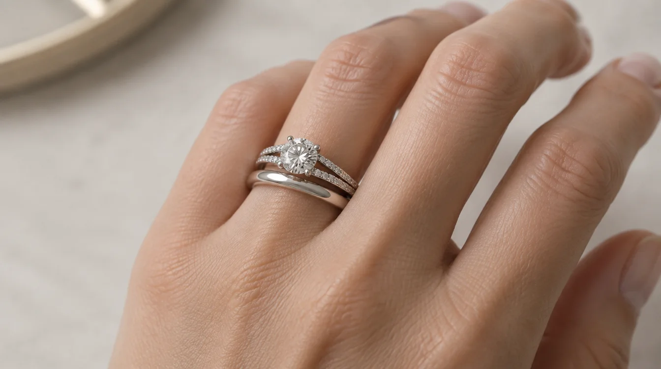 Split shank engagement ring worn beside a plain wedding band, showing the space between their edges.