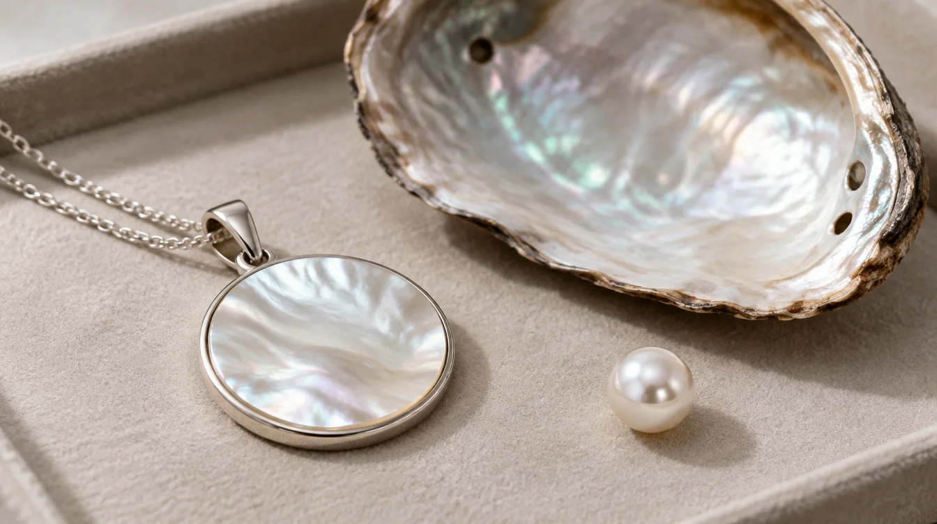 Mother of pearl pendant beside a nacreous shell and a separate cultured pearl