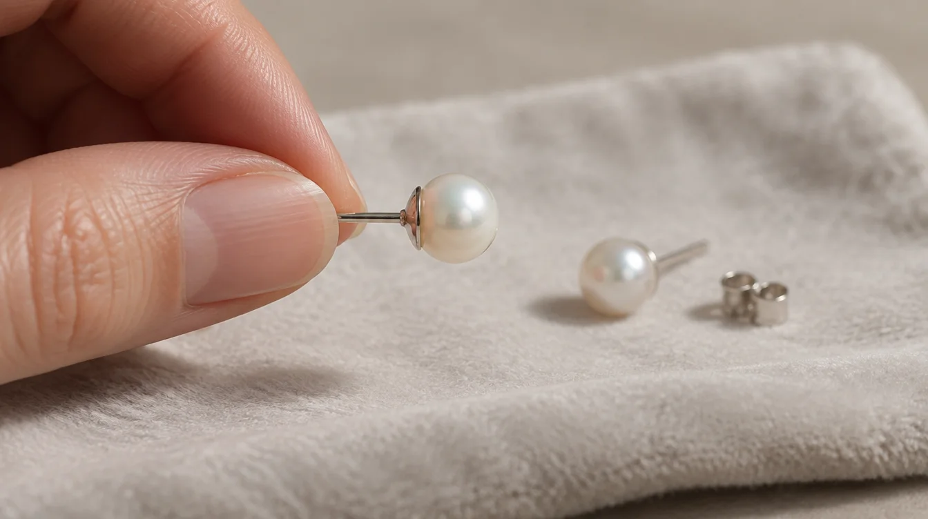 Fingers hold a pearl stud by its post above a soft cloth for a side view of the mounting.
