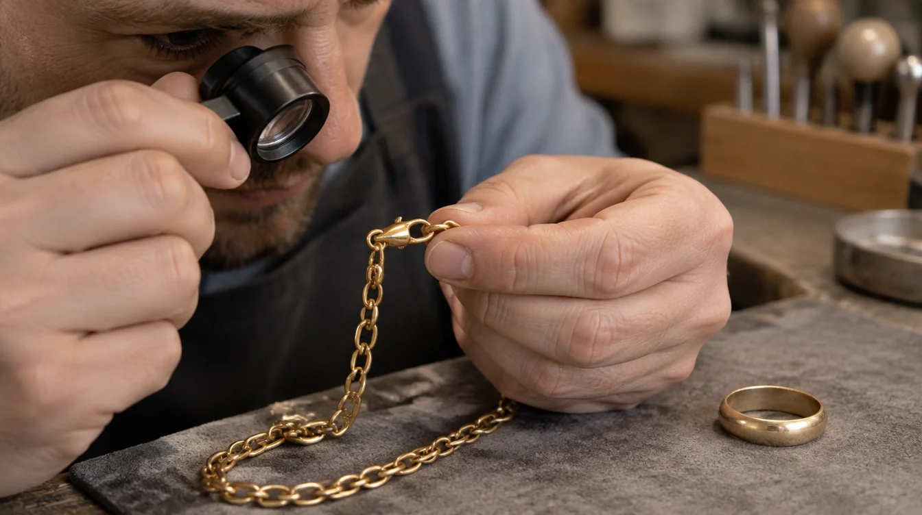 Jeweler examines a gold chain clasp with a loupe while a plain band rests separately.