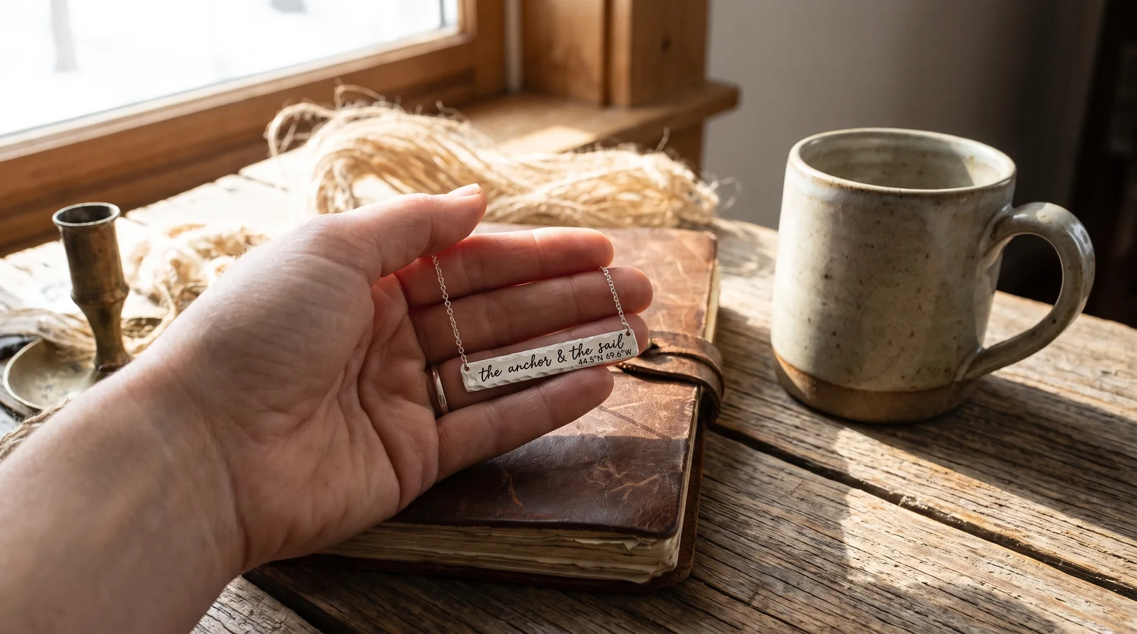 Engraved gold necklace with handwritten script, showing what to engrave on a necklace for mom