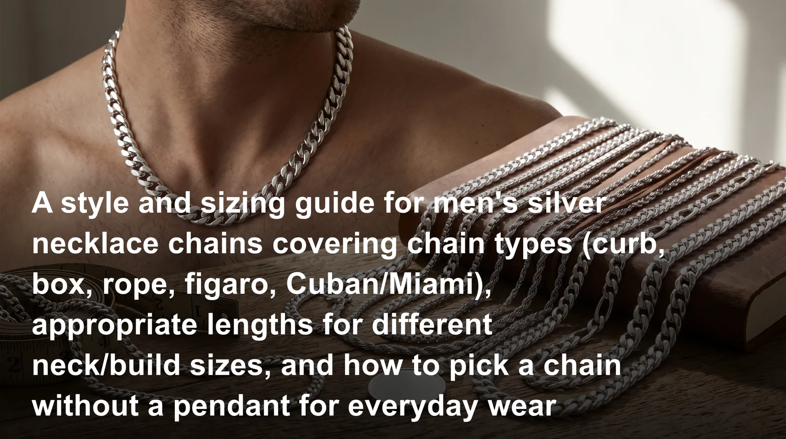 Men's silver chain necklace guide showing curb, box, rope, figaro, and Cuban chain styles with lengths