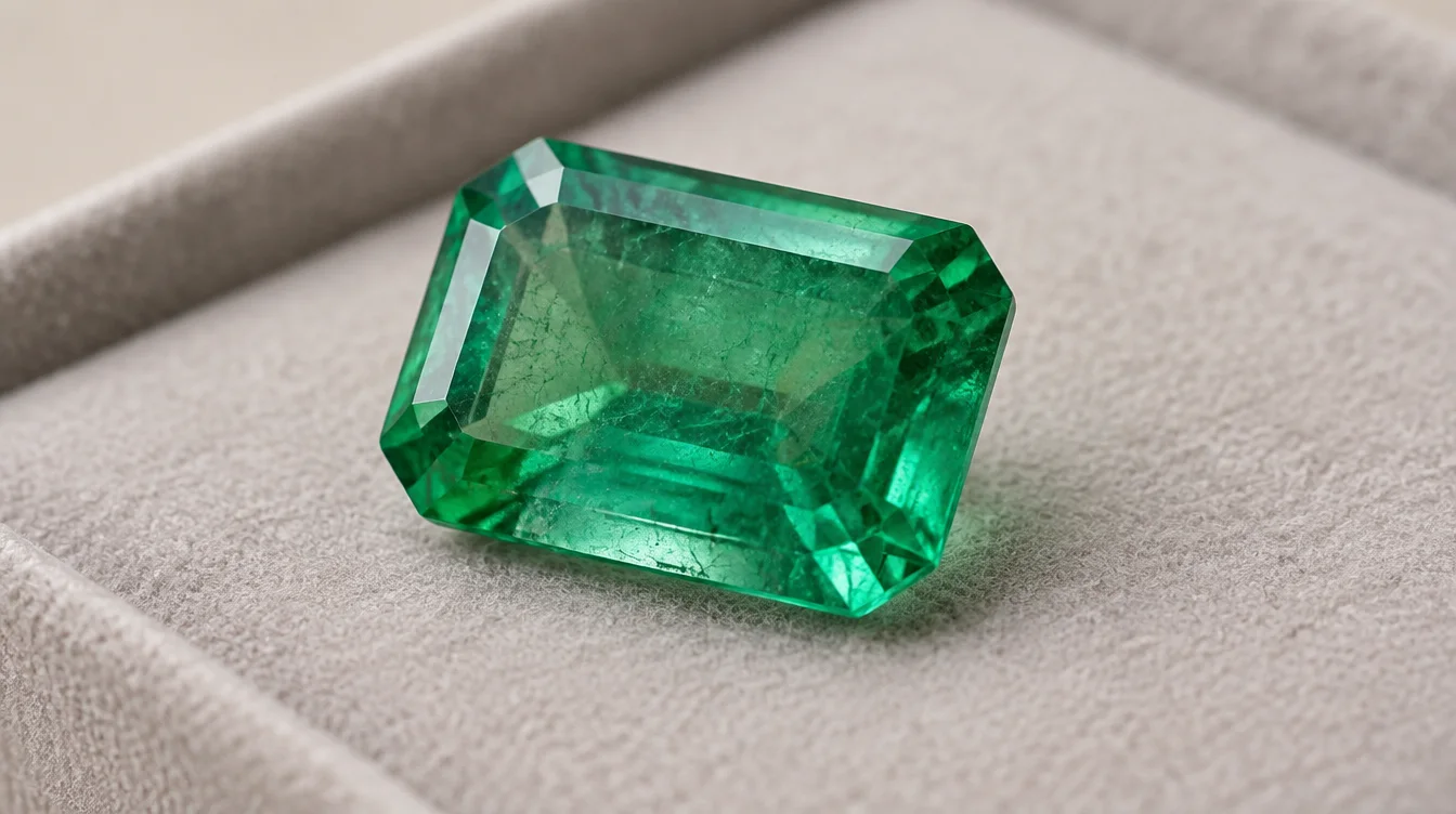 Close view of a green emerald showing facets and subtle internal features in soft light.