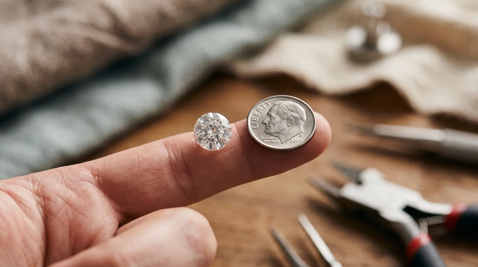1 carat diamond price and size comparison shown on a ring against a coin for scale