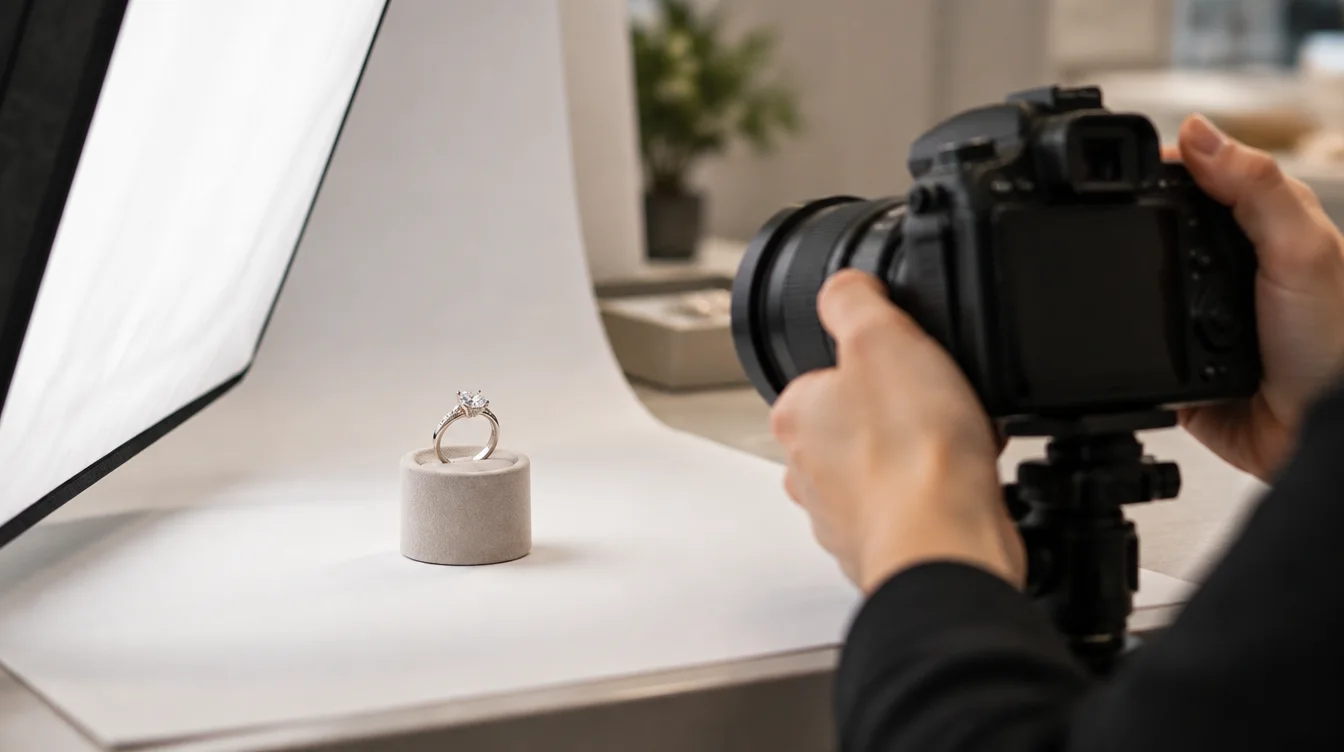 Jeweler photographing a diamond ring on a stand for a sales listing