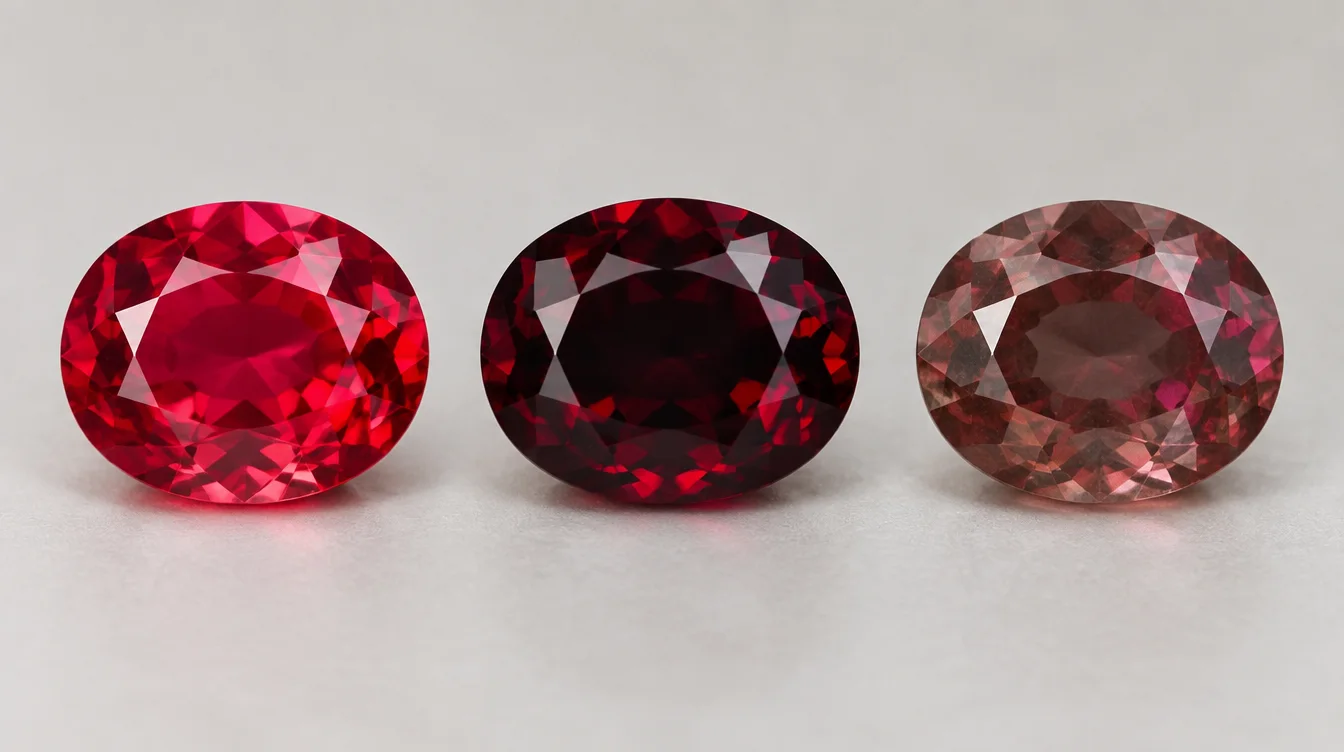 Three similar-sized rubies showing contrasting tone and saturation levels side by side