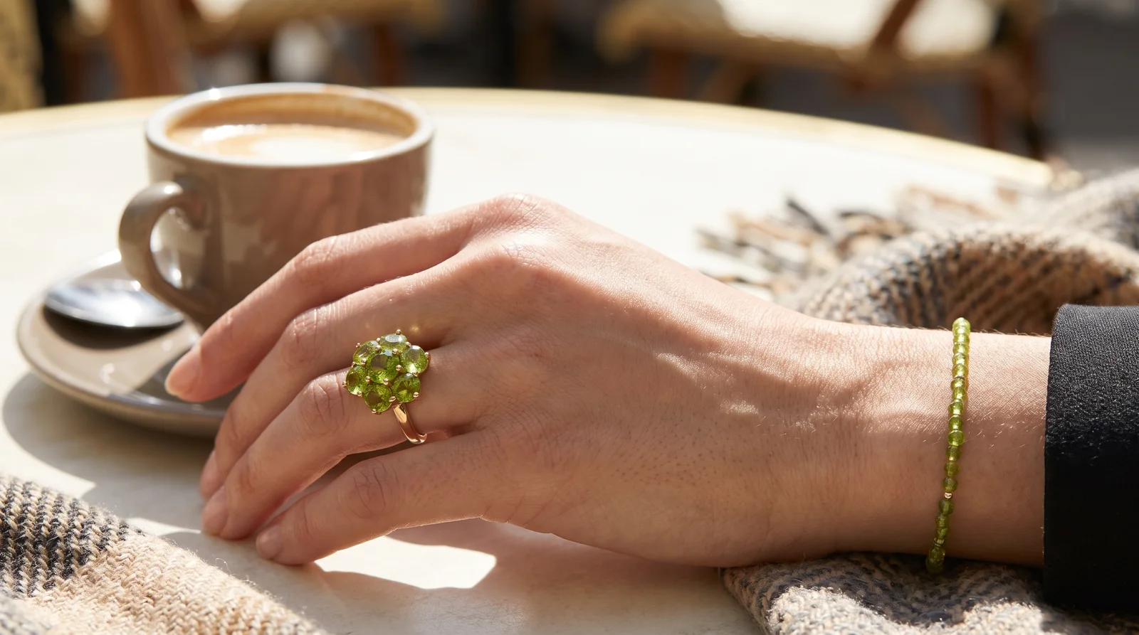 Peridot gemstone faceted for jewelry, showing crystal clarity and lime-green color