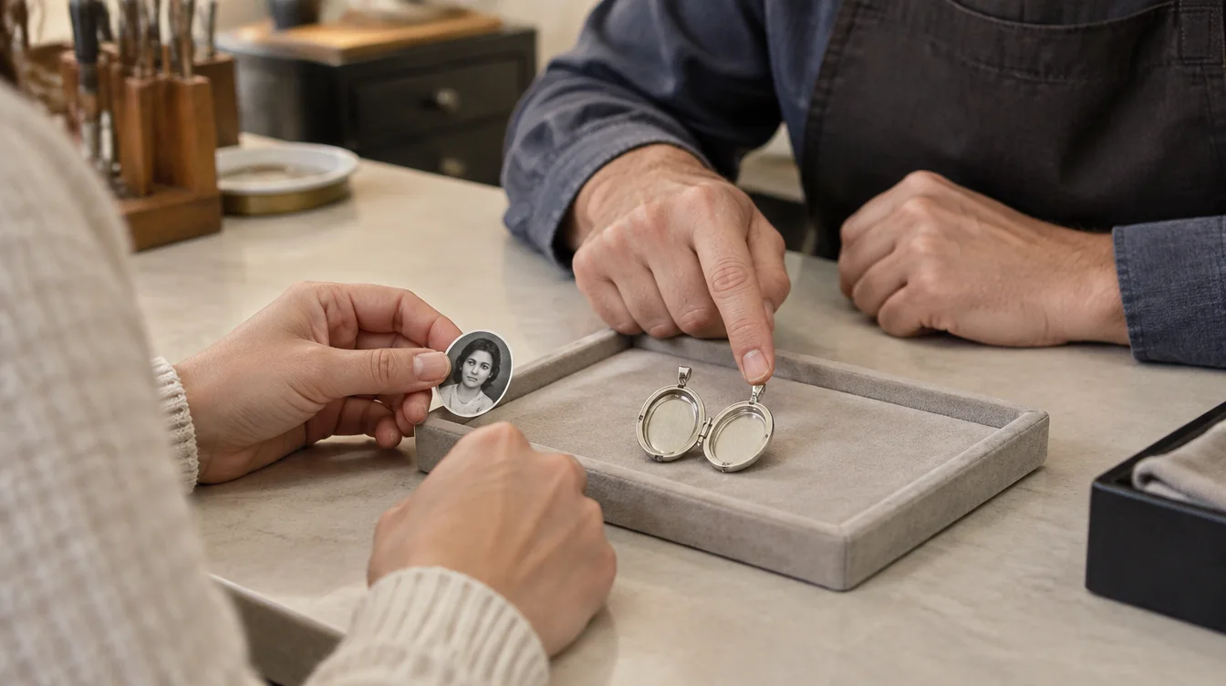 Jeweler discusses an open locket with its owner, who holds the removed photo beside a padded tray.
