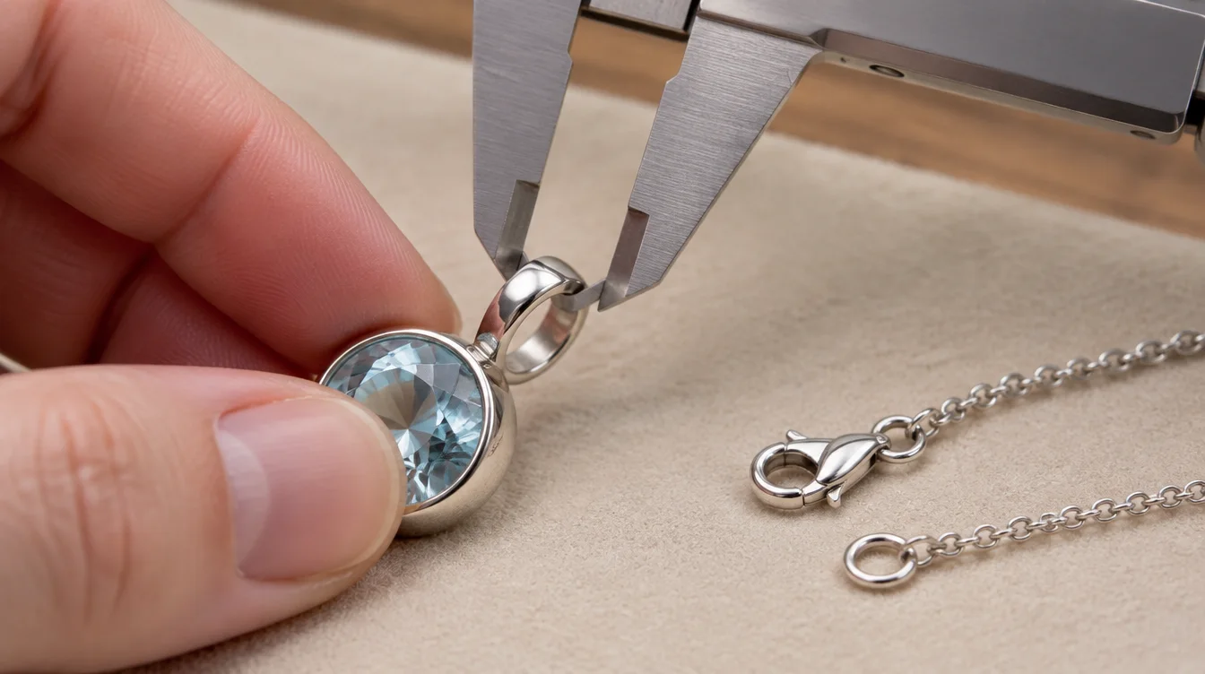 Caliper tips measuring a pendant bail’s inner opening, with both chain end fittings nearby.