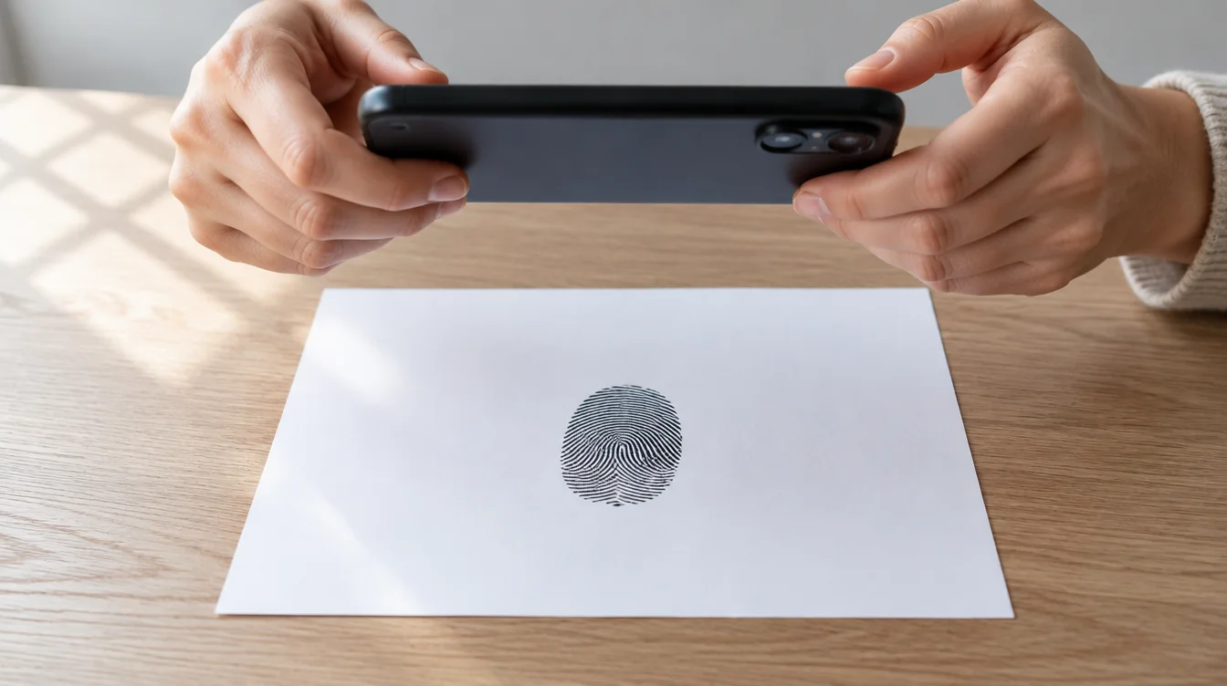 Hands hold a smartphone above a flat fingerprint sheet in soft, even light