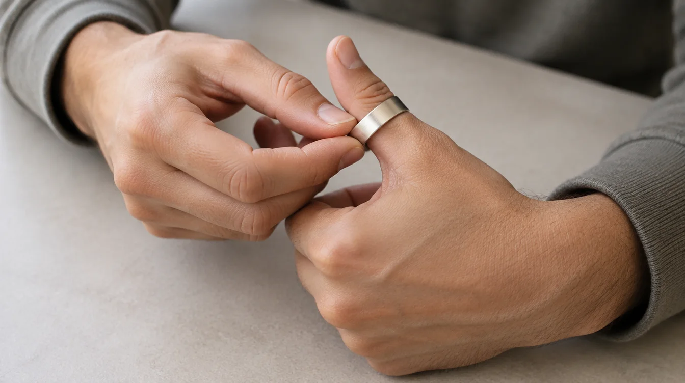 A person gently tries a broad ring on the right thumb