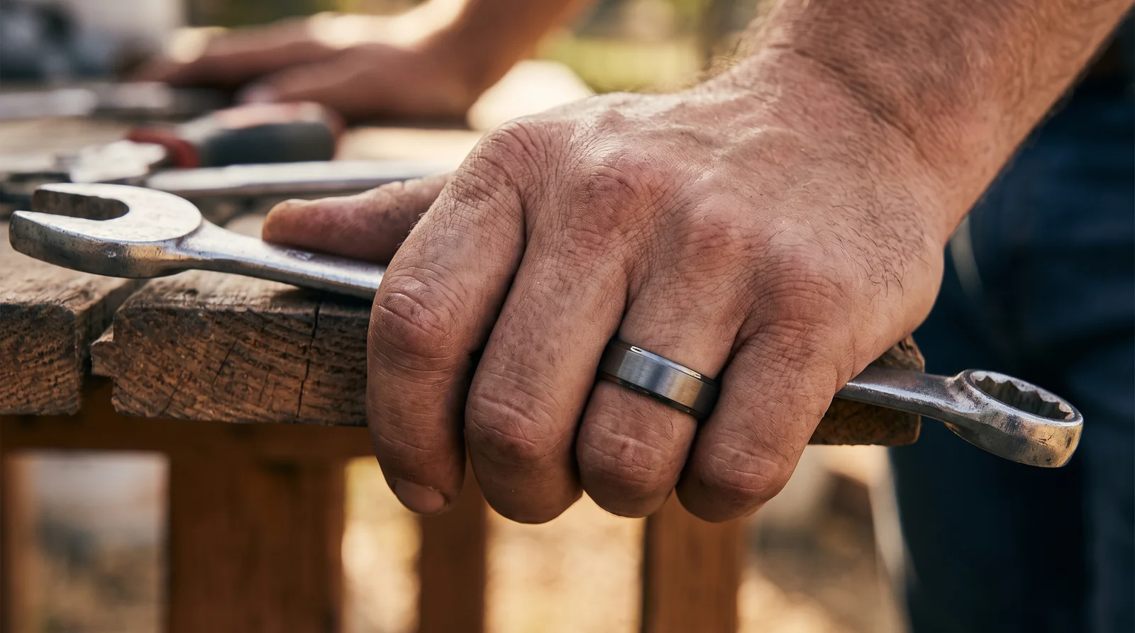 Man wearing a wedding band during active daily tasks and work