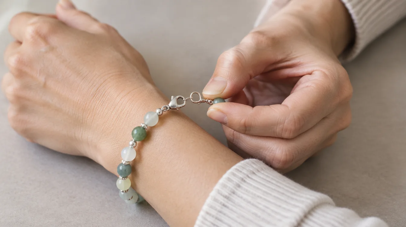 One hand operating a lobster clasp while fastening a gemstone bead bracelet on the opposite wrist.