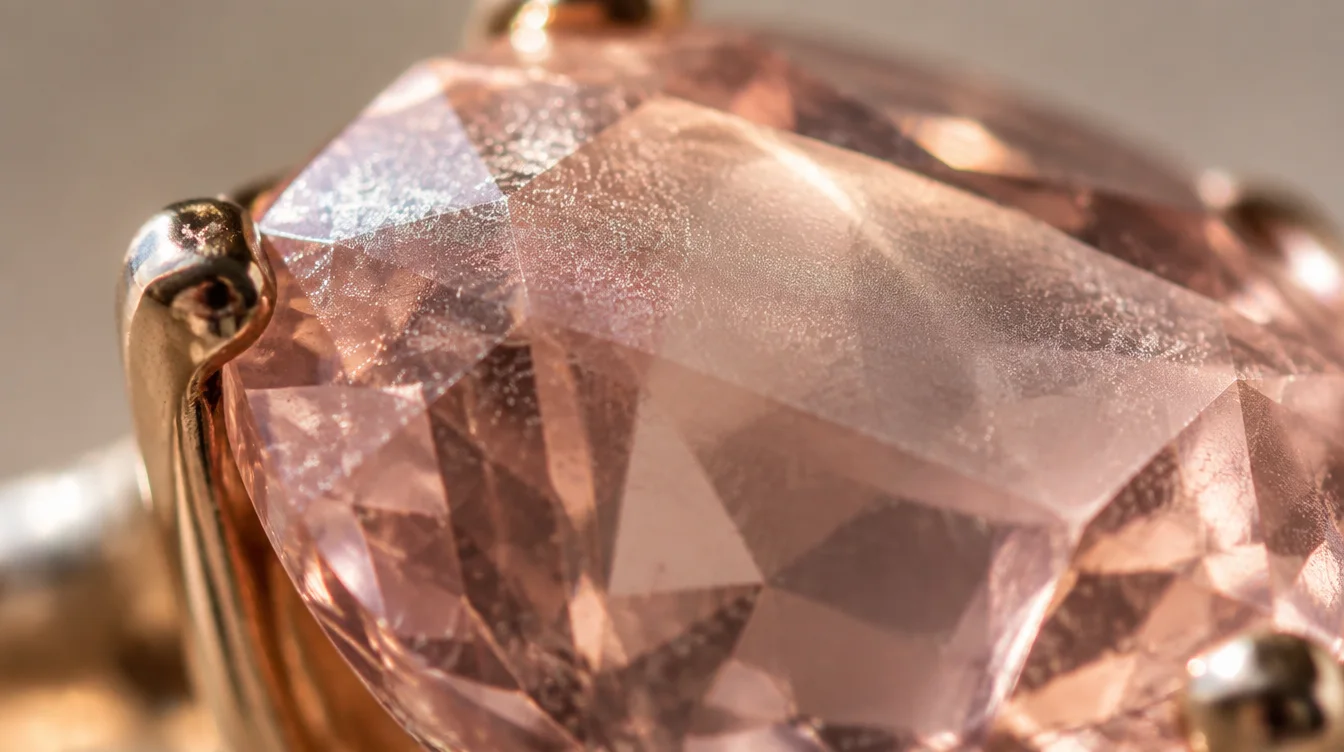 Macro close-up of morganite facet showing light scattering across a thin buildup film