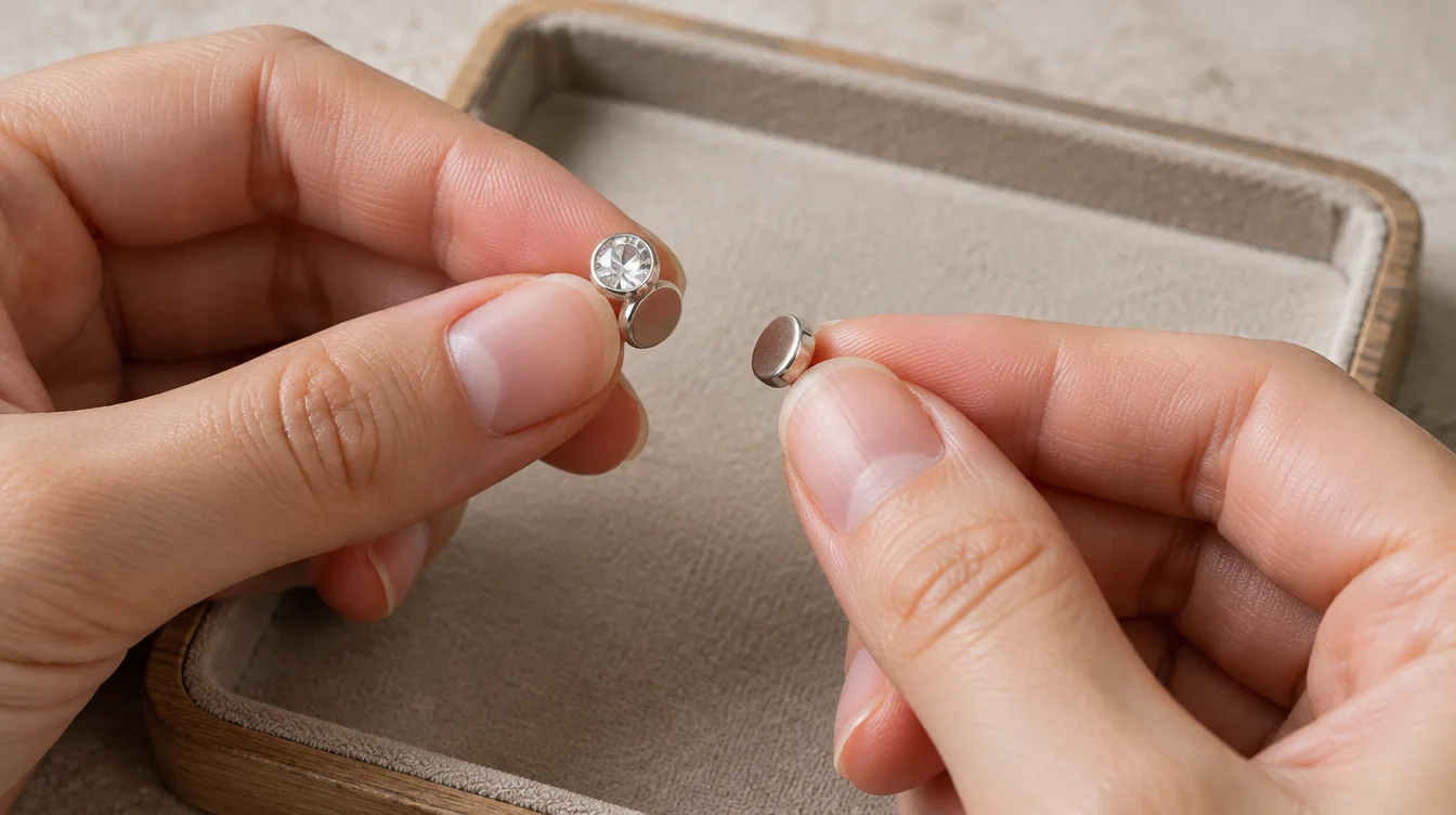 Adult hands hold a magnetic stud and its separate rear magnet over a jewelry tray
