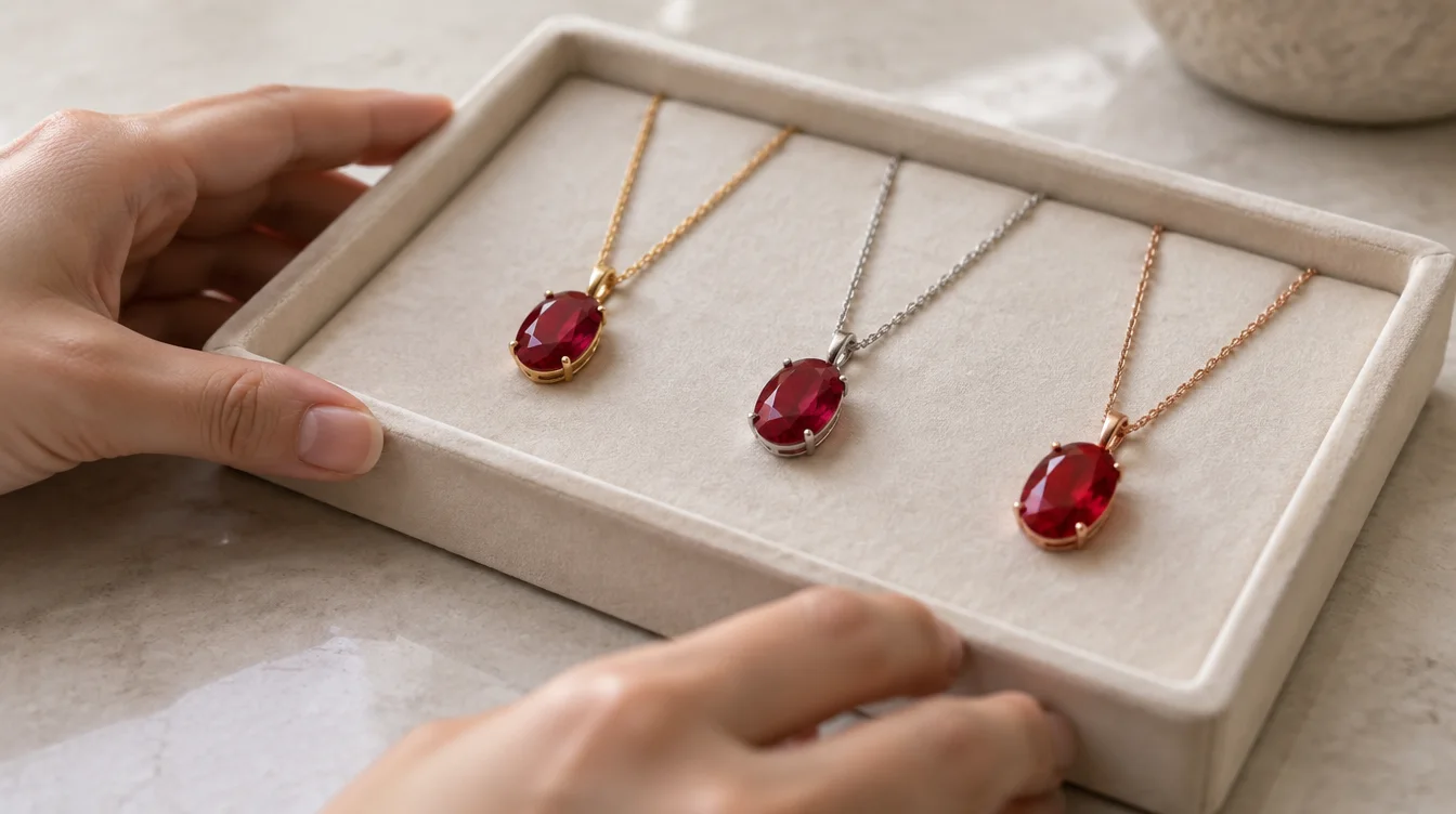 Three similar red stone pendants arranged on one tray for visual comparison