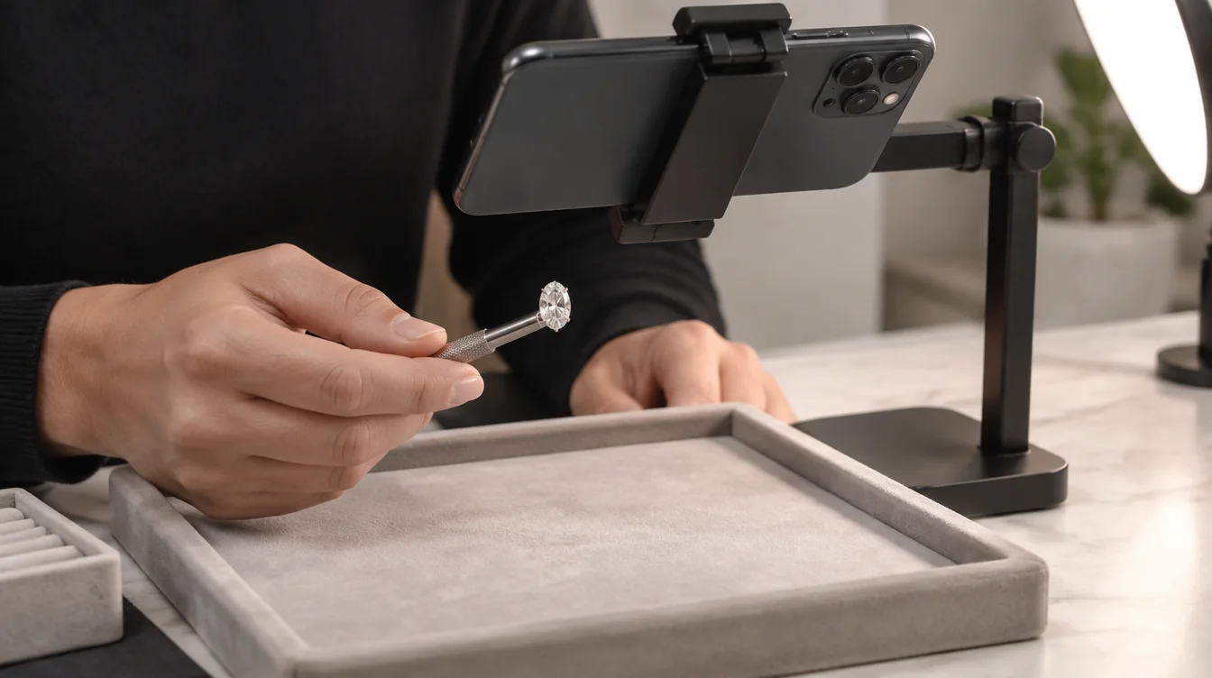 Seller using a smartphone to record an oval diamond held securely above a padded tray