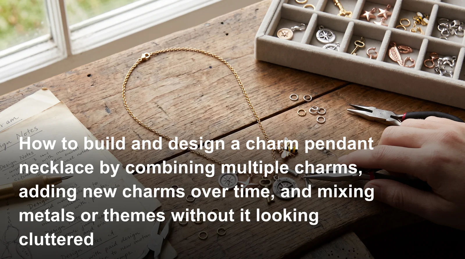 Guide showing how to build a charm necklace by layering mixed-metal charms without a cluttered look