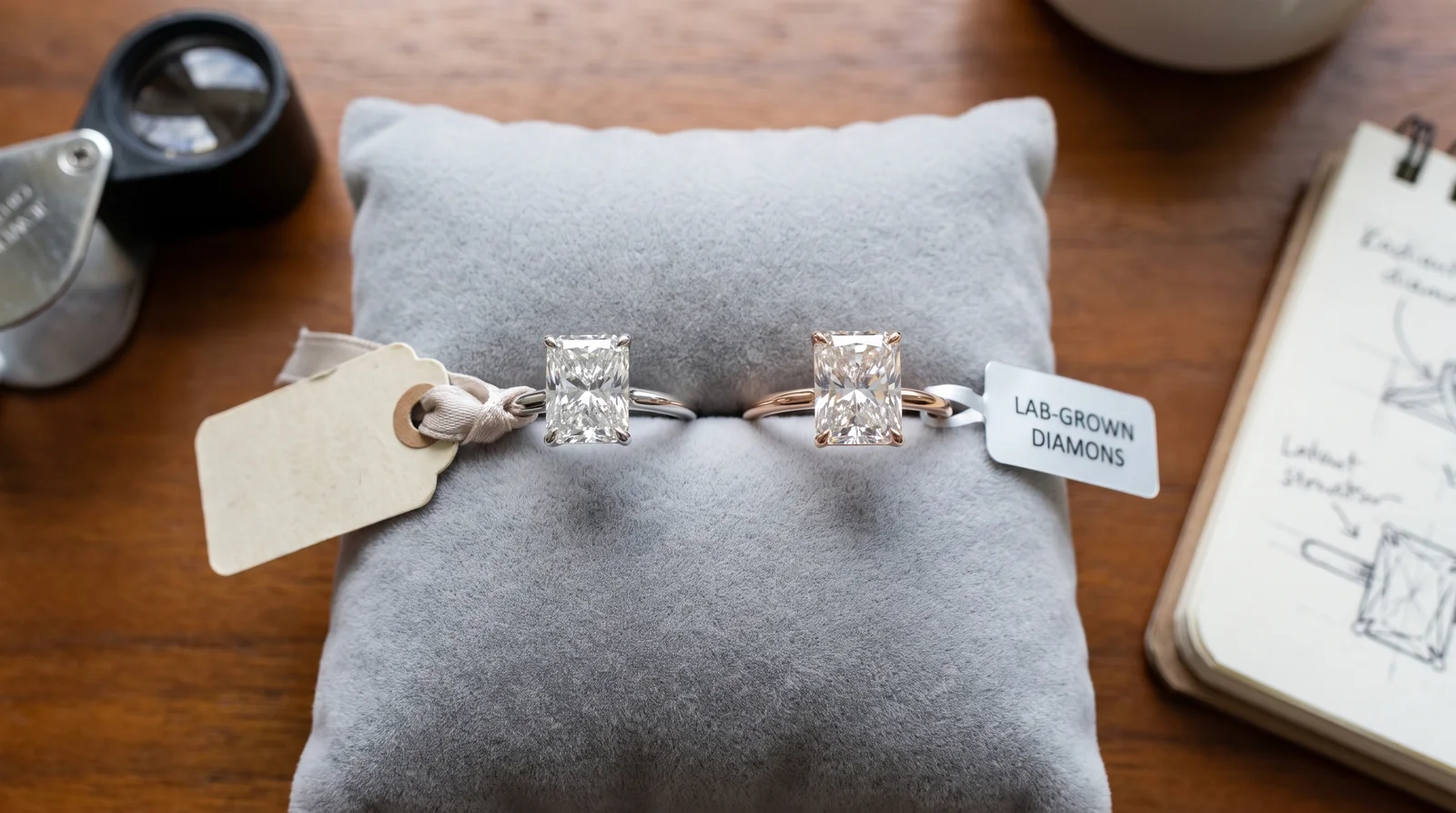 Radiant cut engagement rings comparing natural diamond and lab-grown diamond options side by side