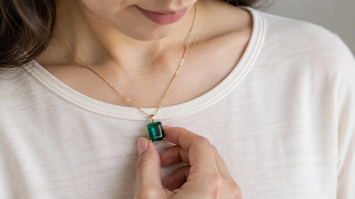 A wearer looks down at a rectangular green glass pendant with clipped corners and step facets.