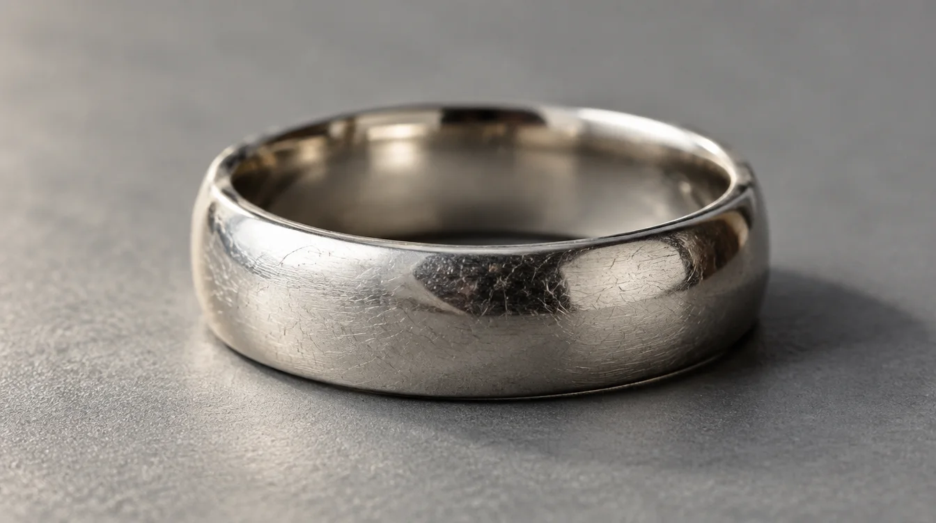 Fine surface scratches on a plain platinum wedding band viewed under soft side lighting.
