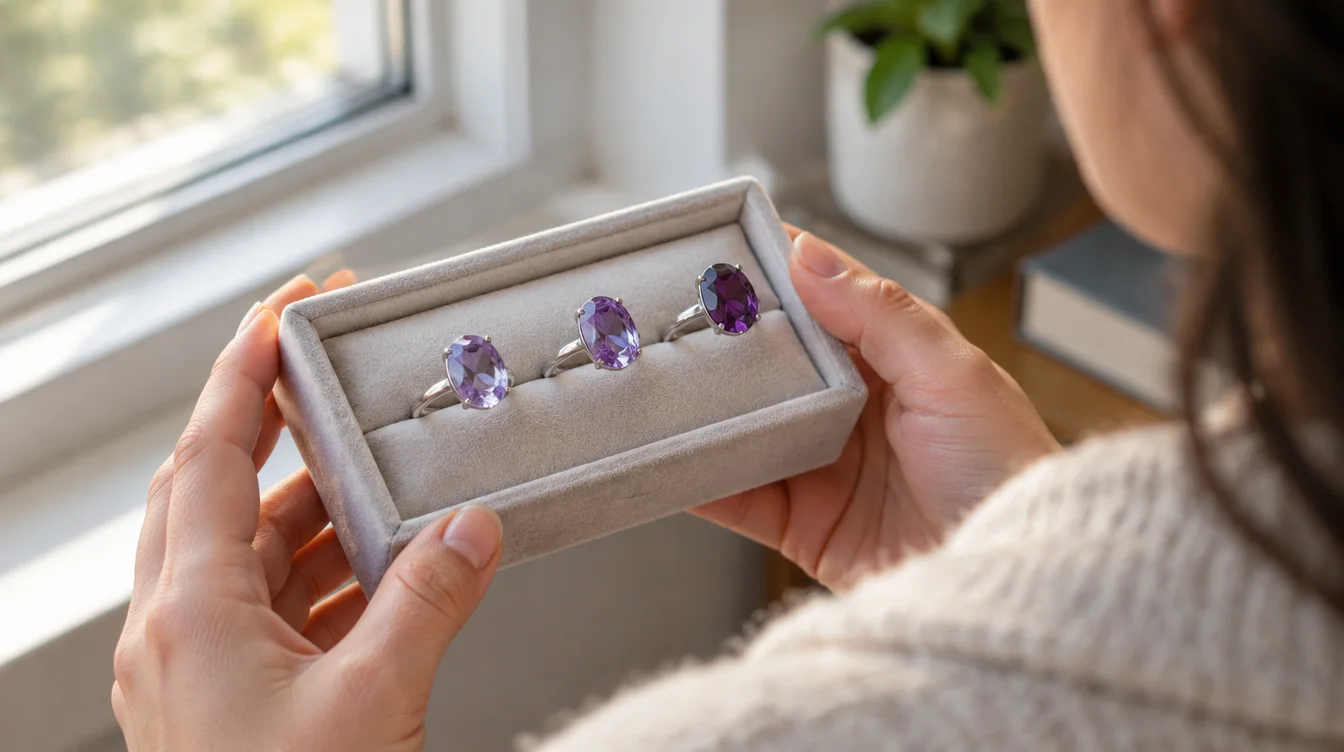 Shopper comparing pale lilac, violet and deep purple amethyst rings beside a window.